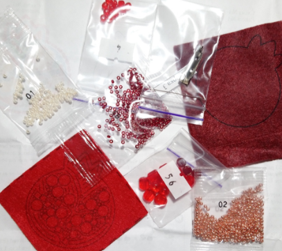 BP-183C Beadwork kit featuring colorful Preciosa and Crystal Art beads for creating a Pomegranate brooch.